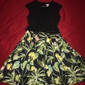 Black & Flowered Knee Length Dress